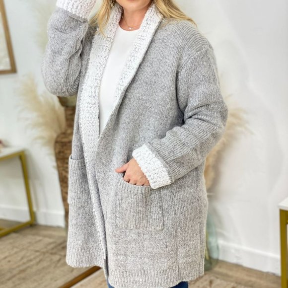 Gray Long Pocketed Open Front Knit Cardigan - Picture 2 of 8